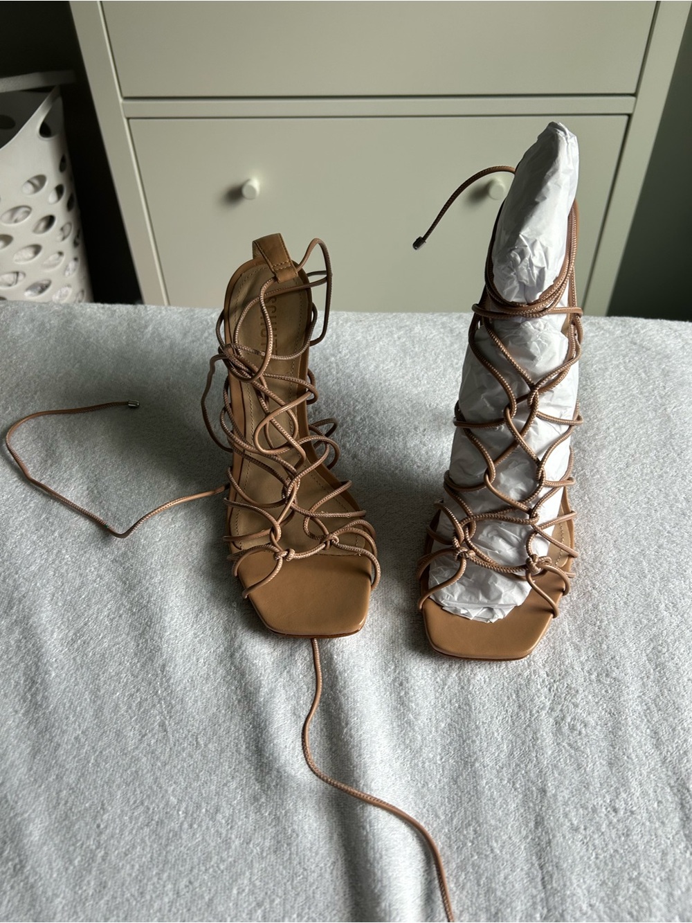 SCHUTZ Lace-Up Square-Toe Strappy Heeled Sandals in Tan